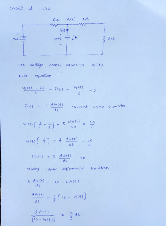 circuit at too 6ur Vect) 42 ict) + + 20v vect) - 2 F aut Let vollage across capacitor Vcct) Node equation. Vect) -20 6 + ict)