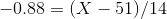 -0.88 = ( X - 51 ) / 14