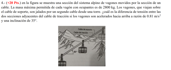 4.- (+20 Pts.) en la figura se muestra una sección del sistema alpino de vagones movidos por la sección de un cable. La masa