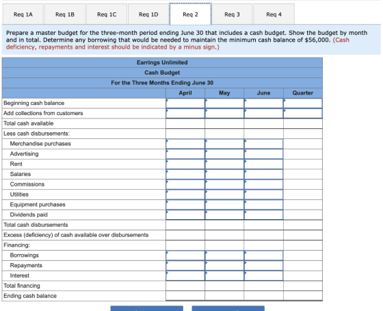 Req 1A Req 1B Req 1C Req 1D Req 2 Req3 Req 4 Prepare a master budget for the three-month period ending June 30 that includes