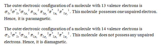 The outer electronic configuration of a molecule with 13 valence electrons is σ2:2ơ2s2Cm2 π2p 2 π2p 2π.2p. Hence, it is param