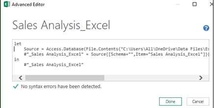 Kl Advanced Editor Sales Analysis _Excel let | Source - Access.Database(File.Contents(C:\Users\All OneDrive\Data Files\E #