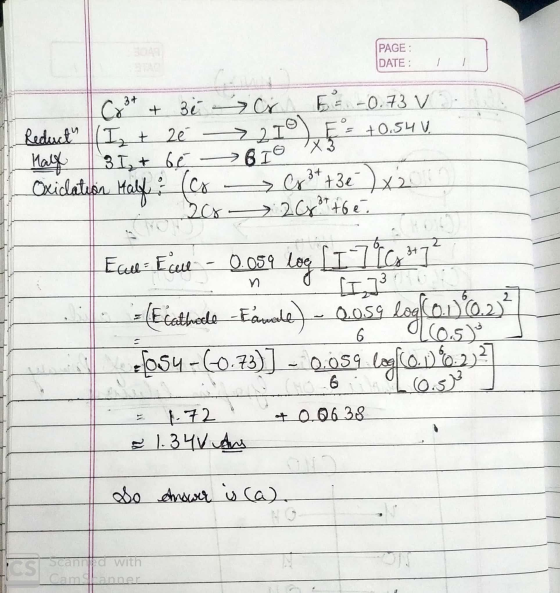 PAGE: DATE: Cr3+ + 30 Cr E -0.73 v Reduct (Iz + 2€ 210) E = +0.54V. Half 3 + bé BIO | Oxiclation Hall & (co Cr3+ + 30 x 200