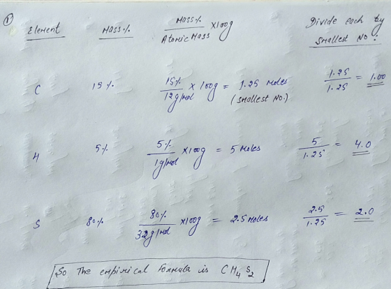 Mass Eleent 9ivide ach y Smallesd No Mass / A toric Hass 15 =/.00 1.95 Moles X 1 1. 2S /Q (snallest No.) 5/ 4.0 - 5 Males /2S