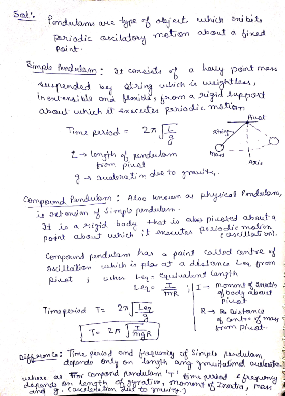 Pendulams are type of object which enibits periodic oscilatory motion about a fixed point. Simple Pendulam : It consists of a