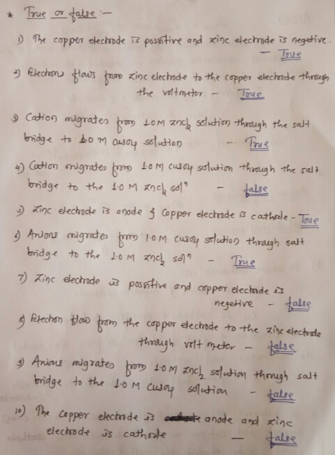 * 1. True or false :- The copper electrode is possitive and zine electrode is negetive. - The ) Felech Hous four zinc elechna