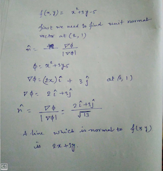f(x, y) = x+3y-5 first we need to find unit norm vector at (2, 1) ñ - DO 1801 8 = 2² +34-5 10 = (2x) + 3 ↑ at 2, 1) 8- 2 i to