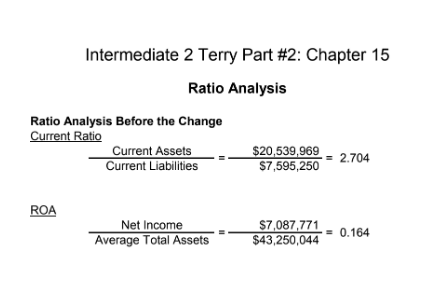 Intermediate 2 Terry Part #2: Chapter 15 Ratio Analysis Ratio Analysis Before the Change Current Ratio Current Assets $20,539.969- 2.704 Current Liabilities $7,595,250 ROA Net Income Average Total Assets $43,250,0440.164