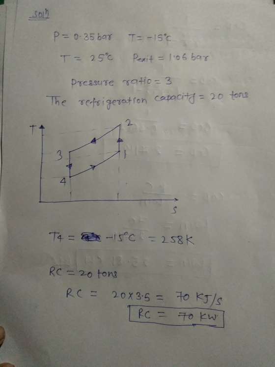 Soph P=0.35 bar = -15°C T = 25°c Pexit = 1:06 bar pressure ratio = 3 refrigeration capacity=20 tons The 120 w A To = -15°C =
