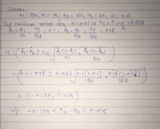 Given, 01 - 190, 21-19, 12 = 167,08330, d. 0.01 The critical value for of = olol is tearing =21576 19 oil, P2 = 30 - 018 190