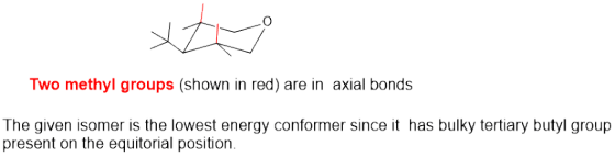 Two methyl groups (shown in red) are in axial bonds The given isomer is the lowest energy conformer since it has bulky tertia