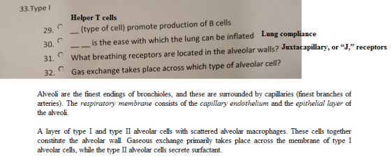 33.TypeI Helper T cells (type of cell) promote production of B cells 29. Lung compliance is the ease with which the lung can