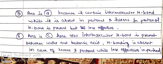 Ans is a because it contain intermolecular H-bond while it is absent in pentaned 8 hexane. In pentanol H-bond is present best
