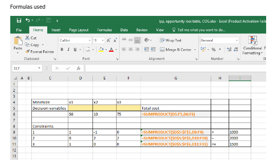 Formulas used pp opportunity los table, Cosalax- Excedl lFroduct Activation Fa Insert Page LayoutFormulas Dats Review Ve Tel