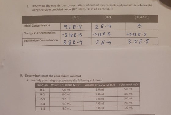 2. Determine the equilibrium concentrations of each of the reactants and products in solution B-1 using the table provided be