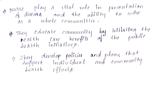 Nuo Nurse play a vital role in preventation of disease and the ability to work as a whole communiller. they educate communi