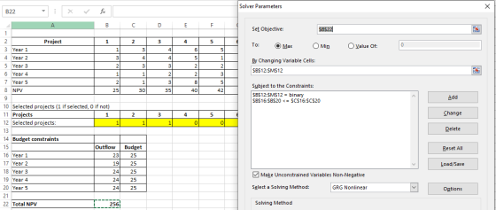 Solver Parameters B22 А C D E F Set Objective: $B$22 Project To: O Max Min O Value Of: 3 Year 1 4 Year 2 5 Year 3 6 Year 4 7