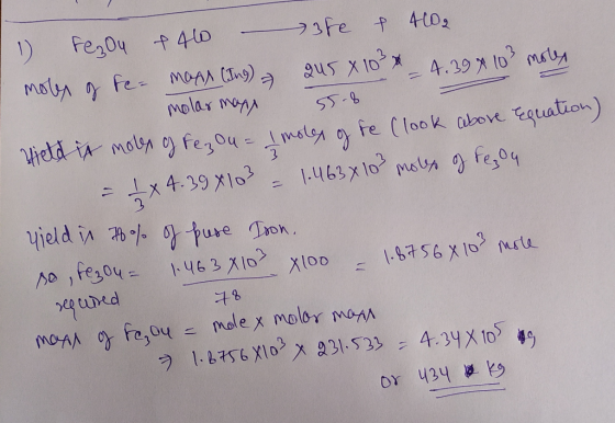459 Upon 1) Fe₂O4 + 400 – 3te & 4602 moles of Fe- maps (Ing) = 245 x 10 * - 4.397 103 notes molar maps 55.8 Hield is molex of