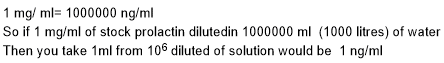 1 mg/ ml- 1000000 ng/ml So if 1 mg/ml of stock prolactin dilutedin 1000000 ml (1000 litres) of water Then you take 1ml from 1