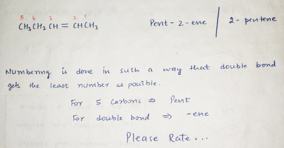 5 4 3 2 1 CH3 CH2 CH = CH CH3 Pent-2-ene | 2-pentene Pent-2-ene 2- pentene double bond Numbering is gets the least done in su