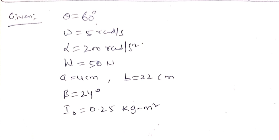 Given; 0= 60 Wasrulls d=200 rad/se klason azucm, b=22cm B=240 Io=0.25 kg-mt