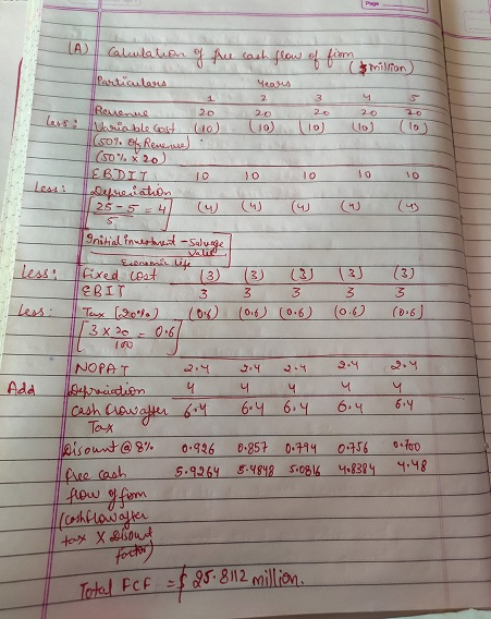 Page A) Calculation of free cash flow of (& million) Particulars 1 3 4 20 Less (10) 2.0 (10) 20 (10) Revenue 20 sie ble GO (0