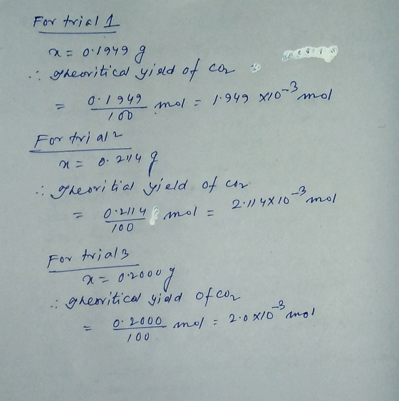 For trial1 a= 0.1949 g og beoritical yield of ca & = 0.1949 mol = 1.949 410-3 mol For tor) all = 0.214 g og neoritiat yield o