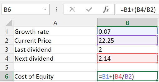 B6 - X ✓ fc =B1+(B4/B2) В А. 1 Growth rate 2 Current Price 3 Last dividend 4. Next dividend 0.07 22.25 2.14 6 Cost of Equity