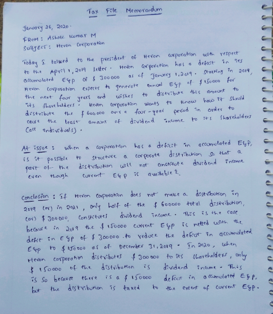 File Memorandum Tax January 26, 2020 FROM: Ashok Kumar M. SUBJECT: Heron Corporation Today i talked to the president of Heron
