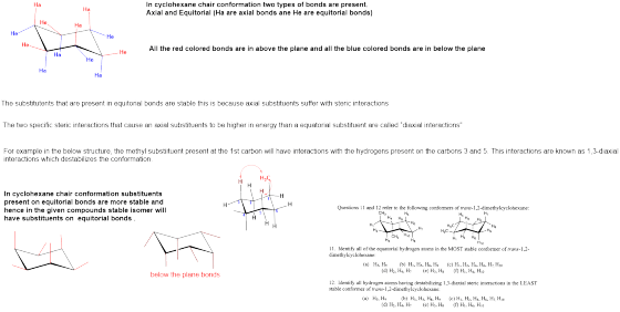 In cyclohexane chair conformation two types of bonds are present. Axial and Equitorial (Ha are axial bonds ane He are equitor
