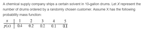 A chemical supply company ships a certain solvent in 10-gallon drums. Let X represent the number of drums ordered by a randomly chosen customer. Assume X has the following probability mass function: pa) 04 02 02 0.1 O.I