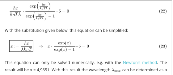 exp exp hc kBTA (hehet exp (whea) - 1 -5 = 0 (22) With the substitution given below, this equation can be simplified: X:= hc
