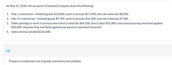 At May 31, 2020, the accounts of Sunland Company show the following. 1. May 1 inventories-finished goods $13,000, work in pro