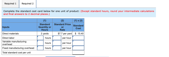 Required 1 Required 2 Complete the standard cost card below for one unit of product: (Except standard hours, round your inter
