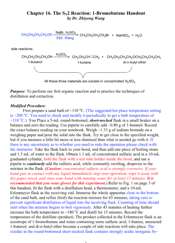 Chapter 16. The Sy2 Reaction: 1-Bromobutane Handout by Dr. Zhiyong Wang CH3CH2CH2CH, OH NaBr, H2SO4 ©Dr. Wang CH3CH2CH2CH„Br