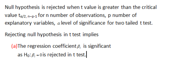 Null hypothesis is rejected when t value is greater than the critical explanatory variables, a level of significance for two
