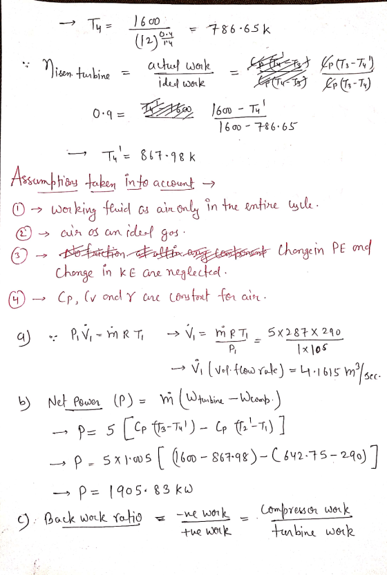 > Tue 1600 0.4 = 786-65 k g (12) * Misen turbine = altul work - Storcat ptta-To) ided work - foto Ts) ep (T3 - Tu) 0.9= TEE