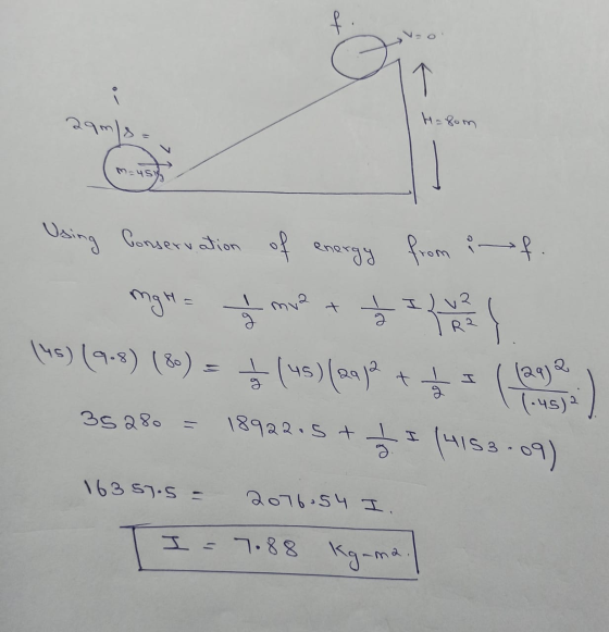 f F i Hagom 3ๆๆ; M-45 Using energy from if Conservation of energy myne I mo? + + z 20 l 145) (9.8) (80) (45)(2012 18922.5 + =