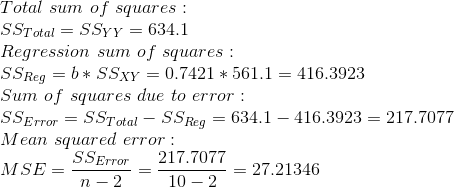 \\Total\ sum\ of\ squares:\\ SS_{Total} = SS_{YY} = 634.1\\ Regression\ sum\ of\ squares:\\ SS_{Reg} = b*SS_{XY} = 0.7421*561.1 = 416.3923\\ Sum\ of\ squares\ due\ to\ error:\\ SS_{Error} = SS_{Total} - SS_{Reg} = 634.1 - 416.3923 = 217.7077\\ Mean\ squared\ error:\\ MSE = \dfrac{SS_{Error}}{n-2} = \dfrac{217.7077}{10-2} = 27.21346