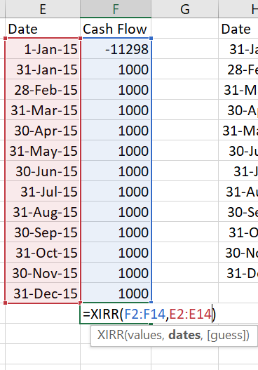 F F Date Cash Flow Date 1-Jan-15 -11298 31-Ja 31-Jan-15 1000 28-FE 28-Feb-15 1000 31-M 31-Mar-15 1000 30-A 30-Apr-15 1000 31-