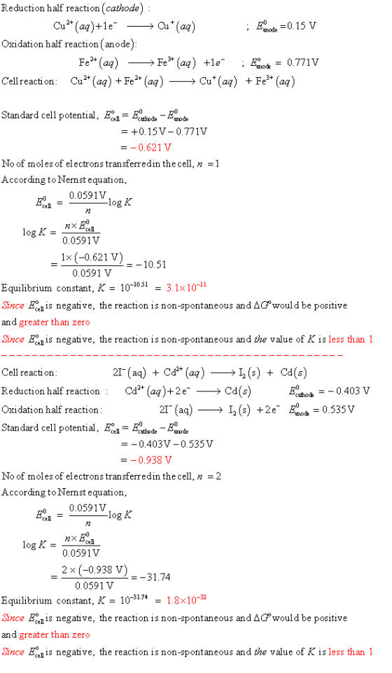 Reduction half reaction (cathode): Cu2+ (aq)+1e- -→ Cut (aq) ; code = 0.15 V Oxidation half reaction (anode): Fe2+ (aq) —— Fe