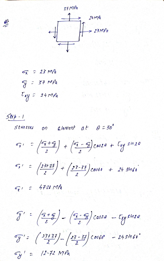 37 MIPA 24 Nepa → 23MPa x = 23 MPa 600 = 37 MPa Txy = 24 MPa Step- stresses on Element at Q=30° 1) sin 22 (orta) + (x - 2) co