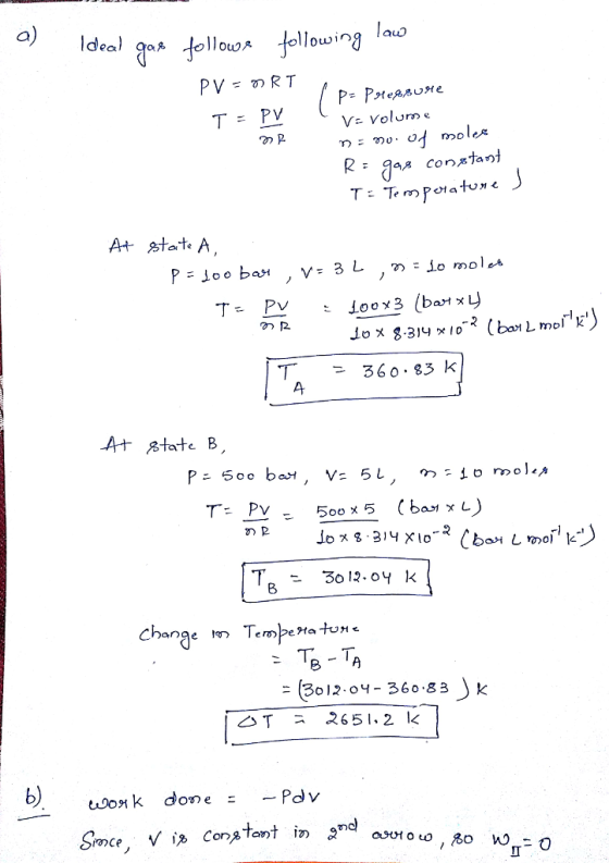 o) aup V& Volurn e A state A のR T. 360.83 k Change lm Terobe>a fun- n Tempetaton BA ニ(30 12-OY-36083 2651.2 k 〉 k △T b) Loonk