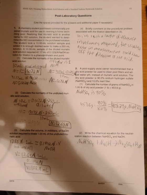 ANAL 42. Tharing Hydrochloric Acid solution with a Standard Sodium Hydroxide Solution Post-Laboratory Questions (Use the spac