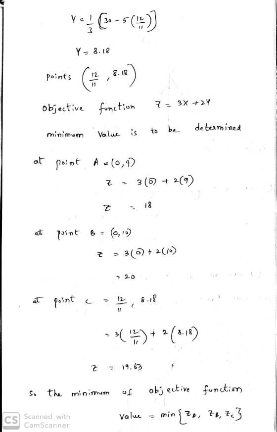Volf C-5(1) Y = 8.18 8.18 Points objective function 7= 3x +24 minimum value is to be determined at point A=(0,9) Z = 310 + 2(
