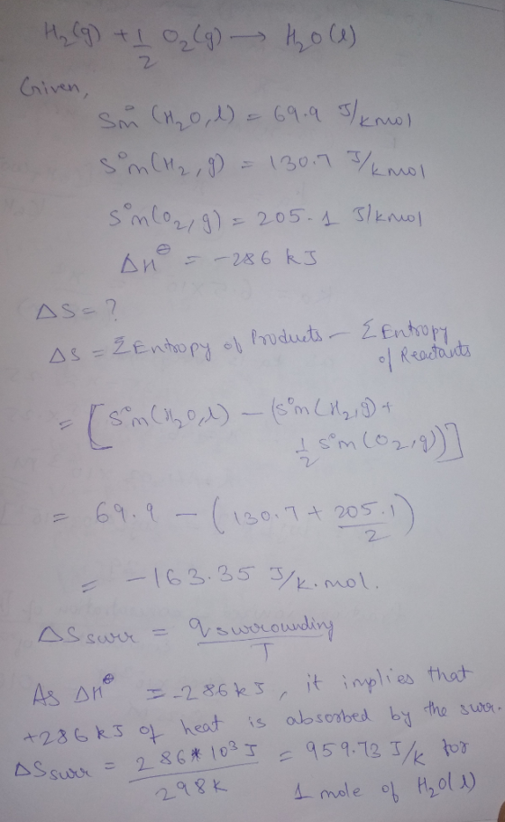 2 Cnivan k mo) mol +23 6 k o heat is alosorbel b 298k mole
