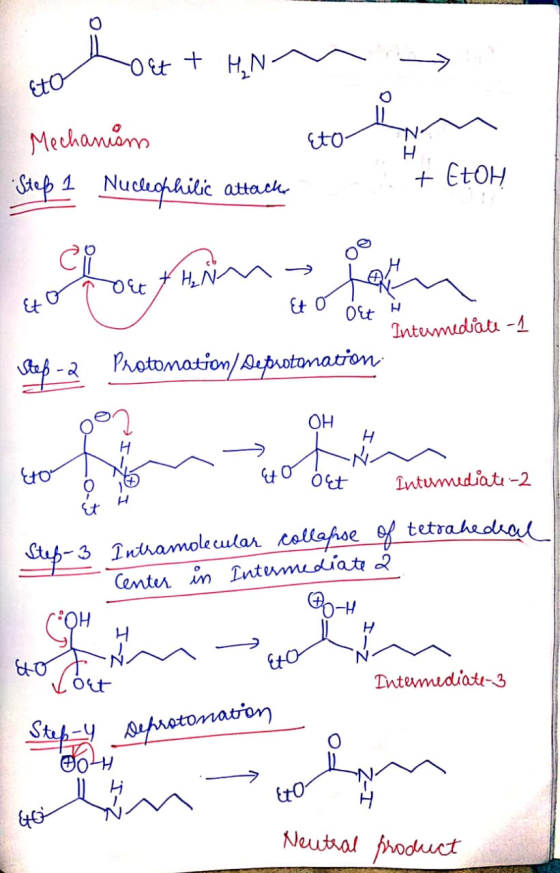 -O et + H₂N Eto Eto H Mechaniam Step 1 Nucleophilic attack + EtOH Forenom Et Et 01 H Out Intermediate -1 Step 2 Protomation D