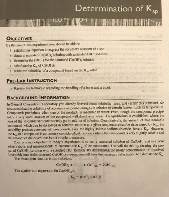 Determination of Ksp) IHCO VITOH OBJECTIVES By the end of this experiment you should be able to establish an equation to expr