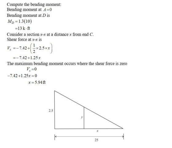 Compute the bending moment: Bending moment at A=0 Bending moment at D is Mp=1.3(10) =13 kft Consider a section x-x at a dista