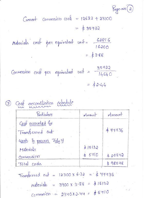 Caurrent Page No ③ Conversion costs = 12622 +23100 = $35722 per equivalent unita 62856 16200 = $3.88 Materials cost 35722 Con